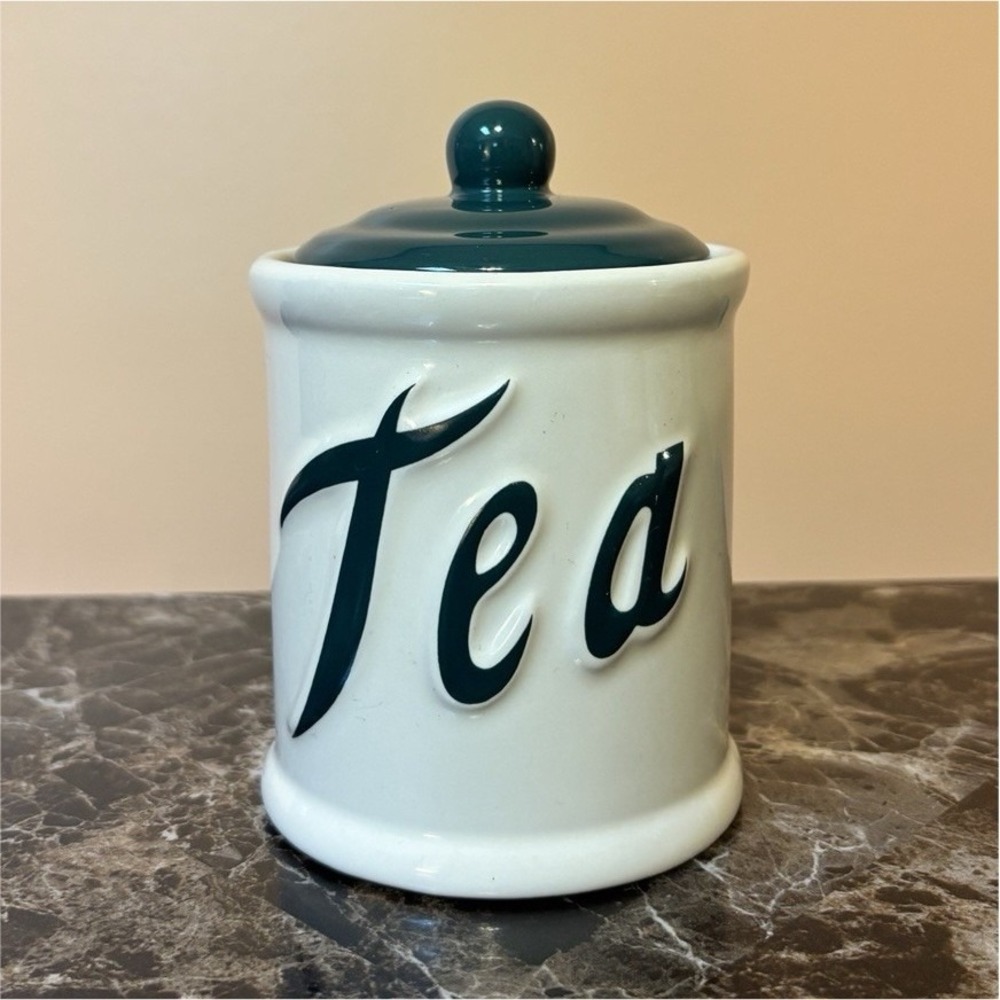 Himark Ceramic Canister with Lid, White/Green Vintage Retro 2-Cup Cylinder Jar